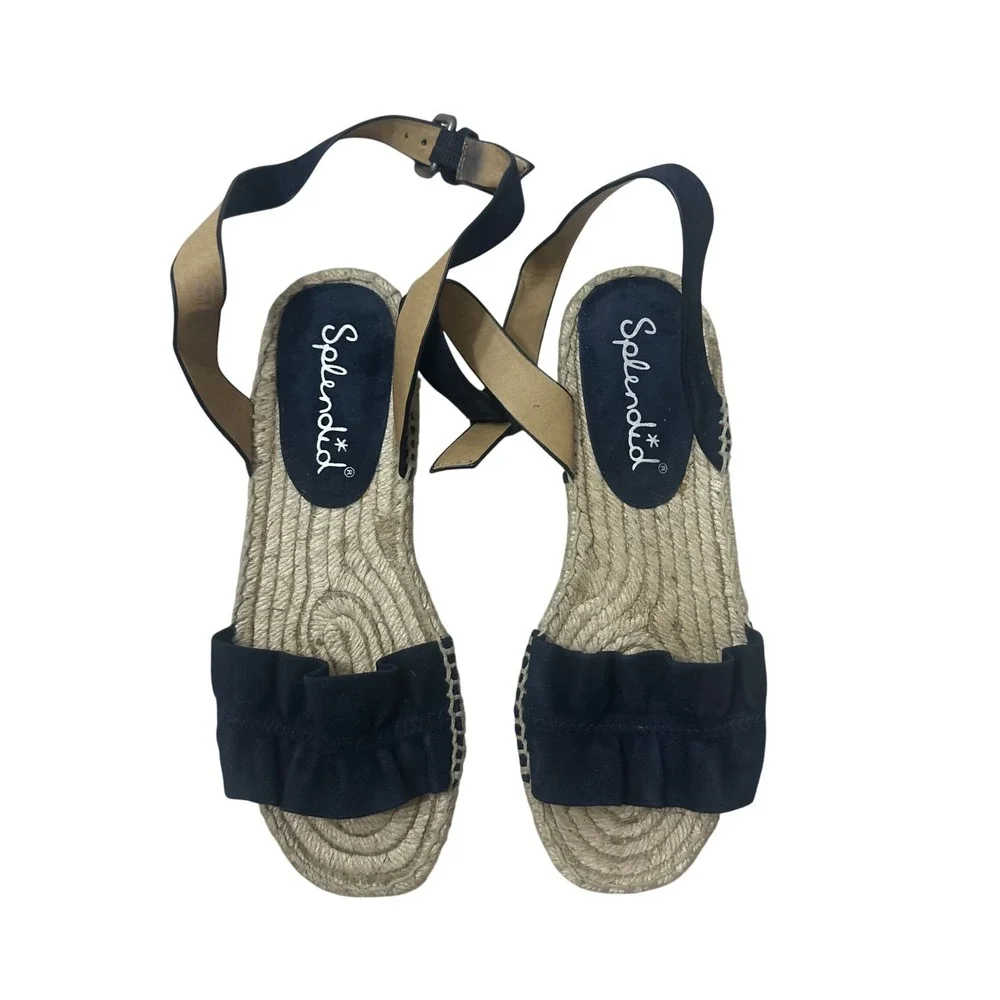 Splendid‎ Navy Blue Leather Ruffle Espadrille Ankle Strap Flat Sandals Womens 6